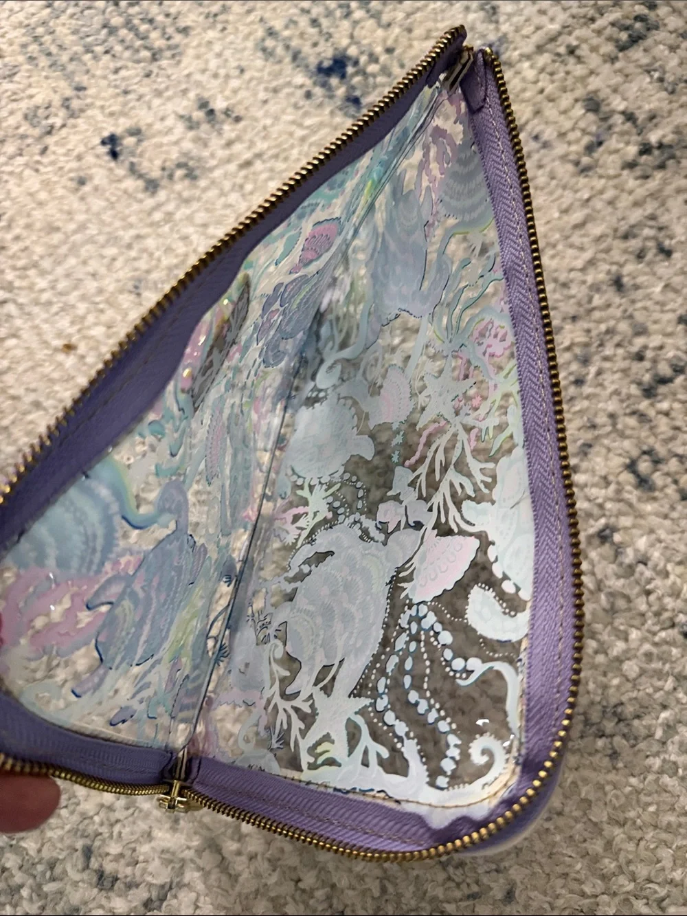 Lilly Pulitzer Clear Floral Seashorse Cosmetic Pouch - Gold Trim